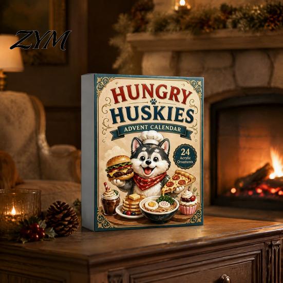 Holiday Party Hanging Decor Husky Advent Calendar with 24 Foodie Acrylic Ornaments, 2D Flat Christmas Cute Puppy Desk Tree Decoration, Dog Themed
