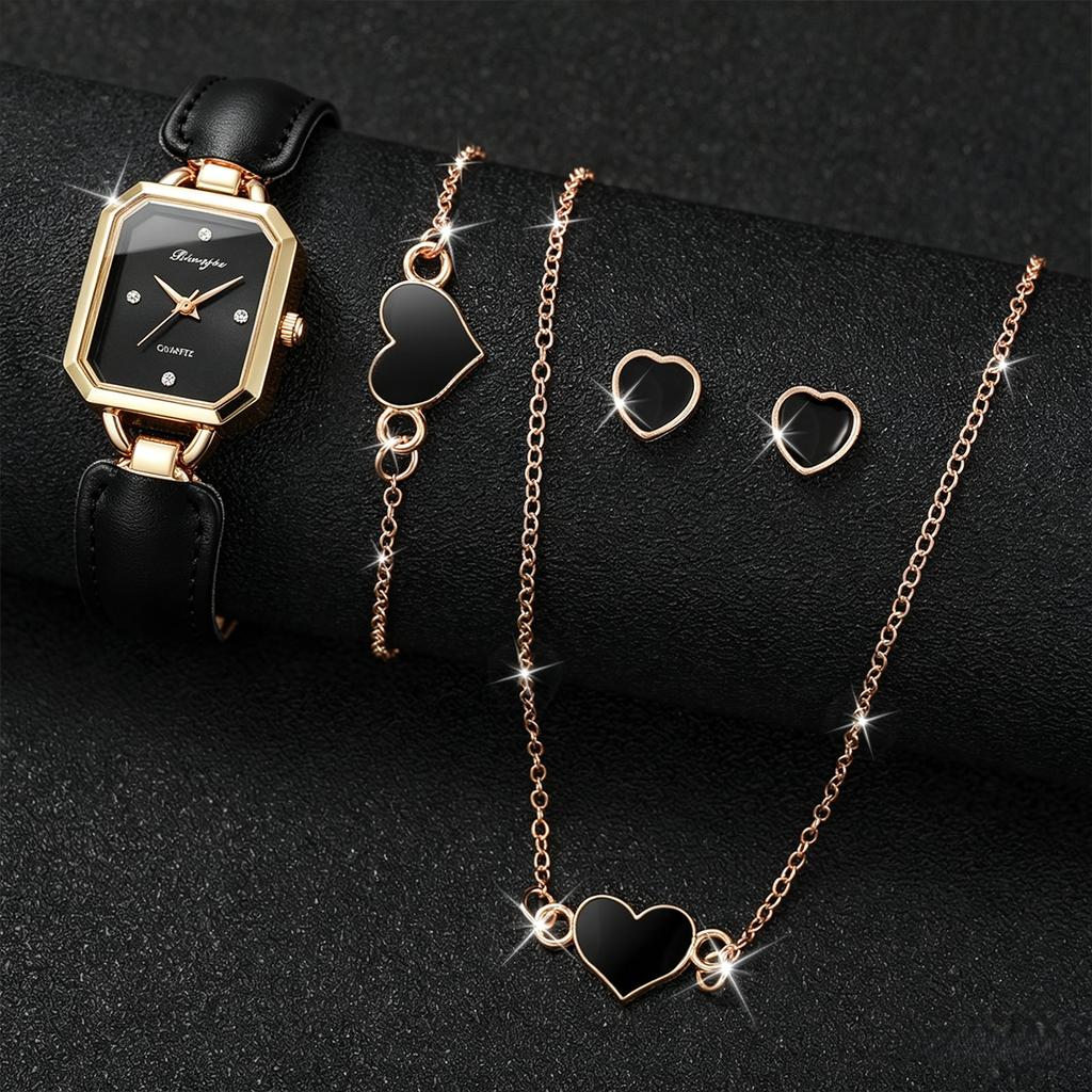 Xiaomi 5PCS Elegant Rectangle Women Watch Heart Jewelry Set Fashion Leather Strap Quartz Wristwatches Reloj Mujer Clock (Without Box)
