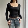 Sexy Black T-shirt Women Autumn New Lace Tees Fashion Streetwear O-Neck Casual Slim Long Sleeves T-shirt Female Versatile Top