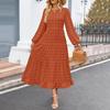 Fall Winter Women Dress Long Lantern Sleeves A-line Round Neck Big Hem Dot Applique Pleated Solid Color Dating Commuting Midi Dress