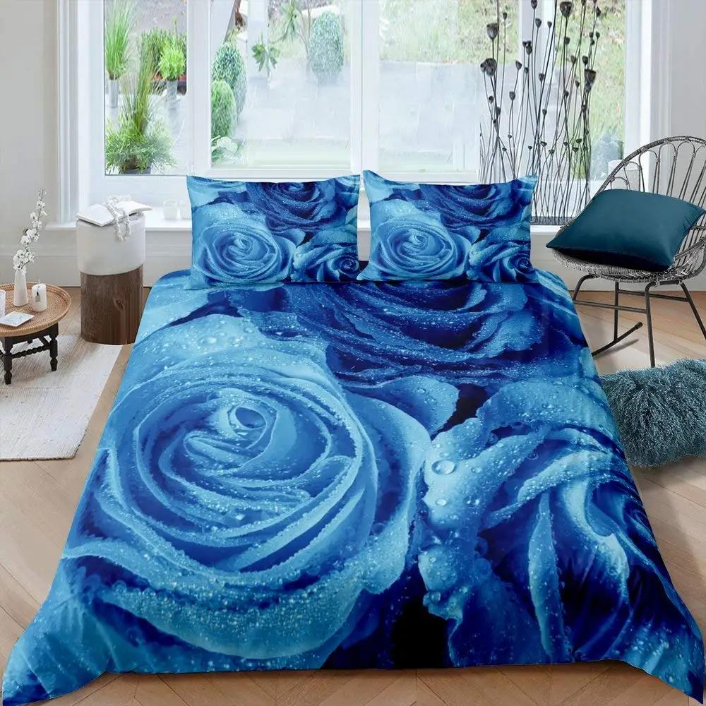 Blue Rose Duvet Cover Set King Size 3D Printed Blossom Flowers Bedding Set Valentine'S Day Botanical Polyester Comforter Cover