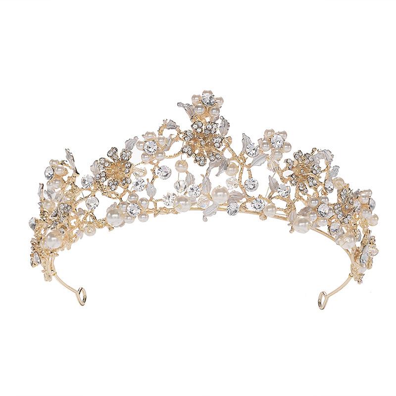 Flower Embellished Diamond Bridal Crown Handmade Beaded Pearl Tiara Wedding Dress Accessories