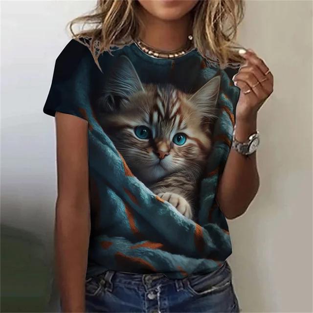 Модная женская футболка с 3D принтом Kawaii Cat Pattern, топ с короткими рукавами и круглым вырезом, летняя уличная повседневная уличная простая одежда