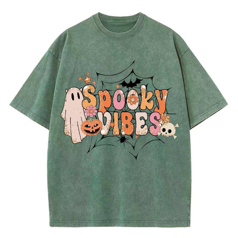 SPOOKY VIBES Monogram Print Halloween Women's T-Shirt Summer Unisex Wash Cotton Short Sleeve Loose Top American Vintage