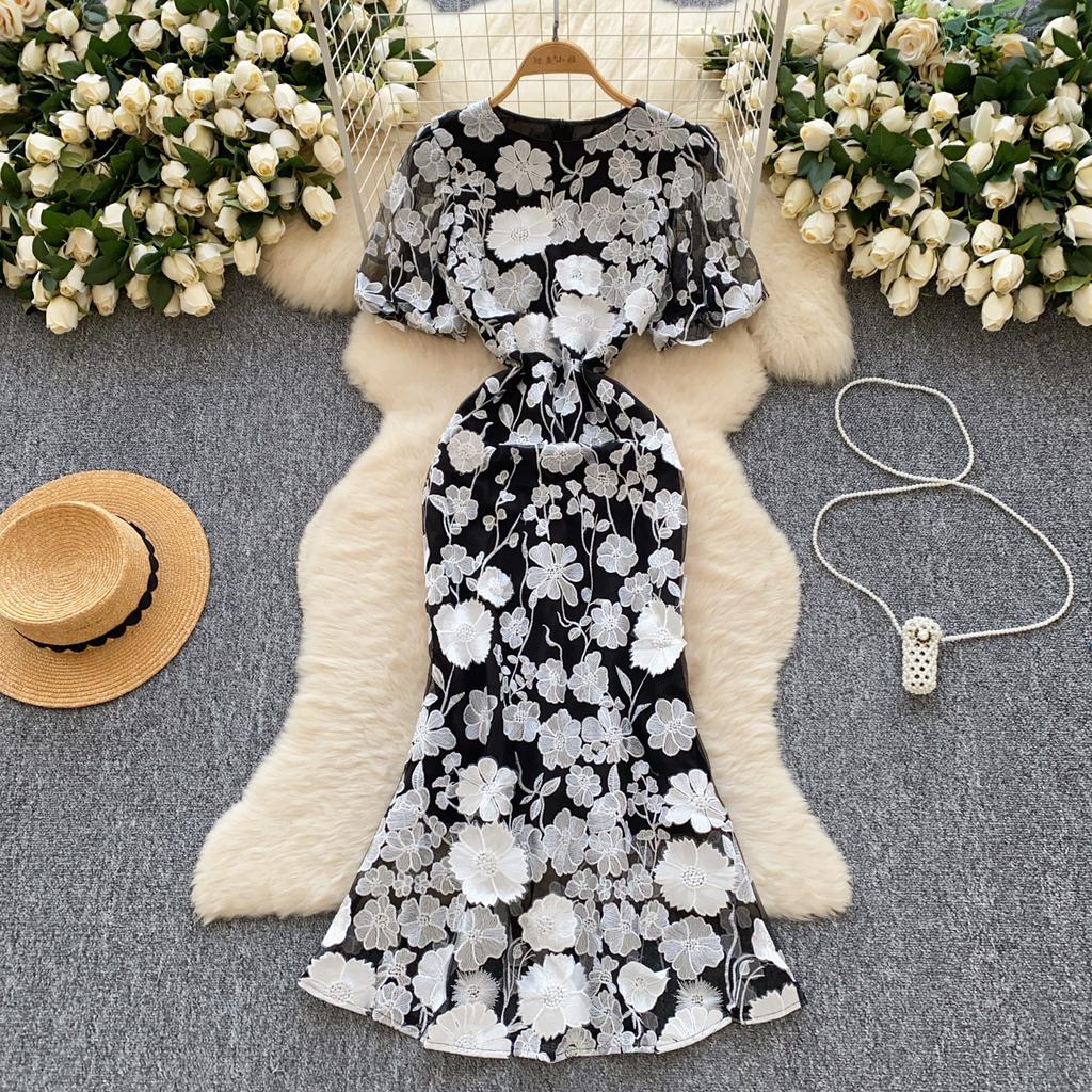 Элегантное цветочное вышитое О-образное платье в стиле винтаж с коротким рукавом и фонариком, шикарное облегающее платье-русалка, французская вечерняя женская одежда для улицы