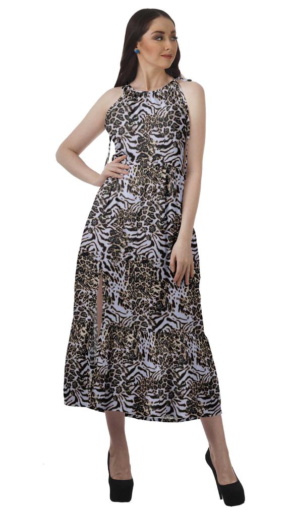 Moomaya Rayon Halter Neck Sleeveless Front Slit Holiday Dress Women Printed