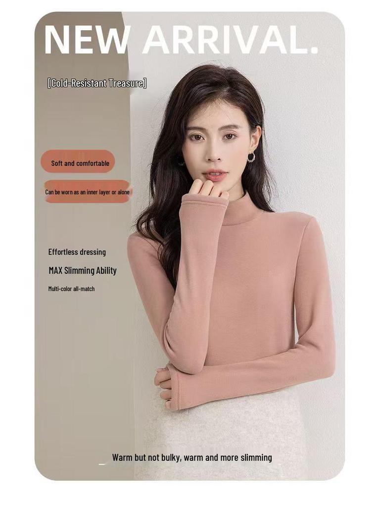 Camel Wool Women's Thick Fleece-Lined Semi-High Neck Top for Autumn/Winter