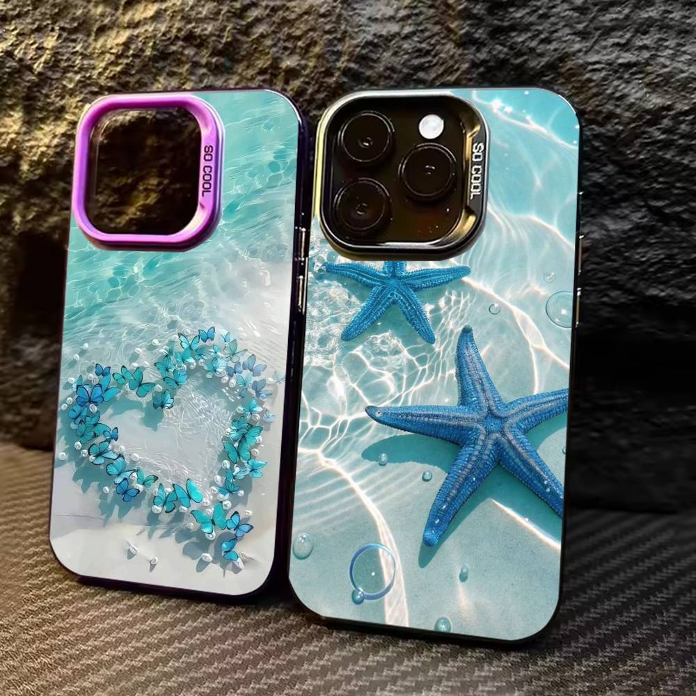 Sea Water Butterfly Ocean Turtle Phone Case For iPhone 17 16 15 14 13 12 11 Pro Max Plus Silver candy Matte Cover