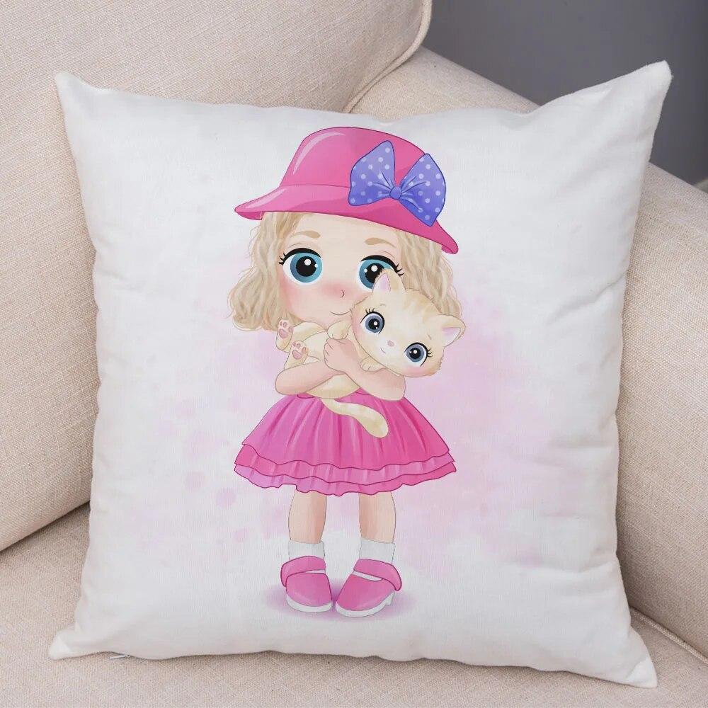 Children's Room Sofa Home Pillowcase Cute Cartoon Girl and Cat  Decoration  Animal Cushion Cover
