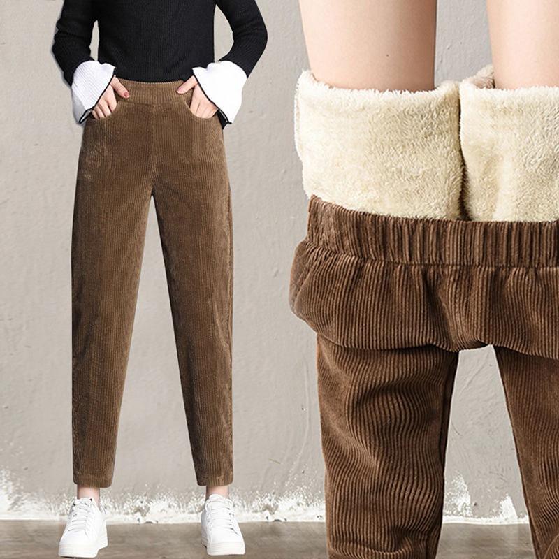 Fashion Women Winter Thicken Plush Corduroy Casual Pants Warm High Waist Lady Trousers SImple All-Match Female Leggings Harem Woman Pants Trousers
