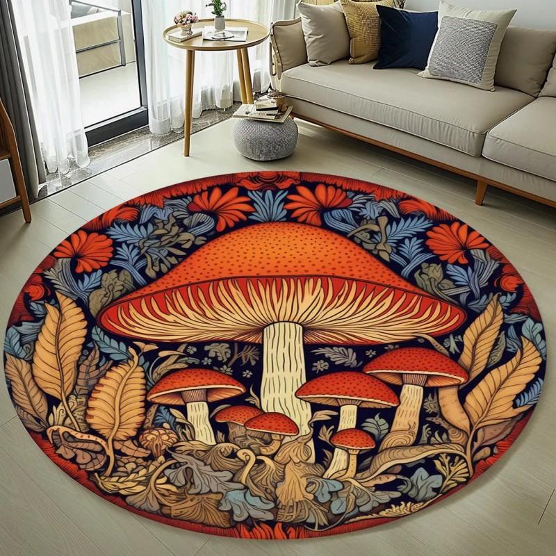 Vintage Mushroom Floral Round Area Rug Cottagecore Baroque Scroll Border Floor Carpet for Living Room Bedroom Home Decor