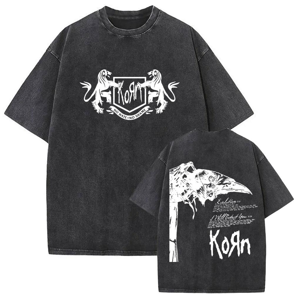 Washed Vintage Rock Band Korn Graphic Print T-shirt Male Metal Music Oversized T-shirts Men Women Kawaii Cute Pink T Shirt