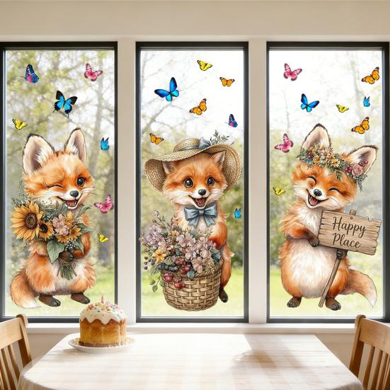 Spring Fox Window Clings Cartoon Fox Flowers Butterflies Glass Sticker Removable Cute Animal Window Decals for Home Office Shop