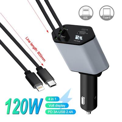 Автомобильное зарядное устройство 120 Вт, адаптер быстрой зарядки USB Type C с дисплеем напряжения, выдвижной кабель 4 в 1, автомобильное зарядное устройство для телефона для IPhone, Huawei, Samsung