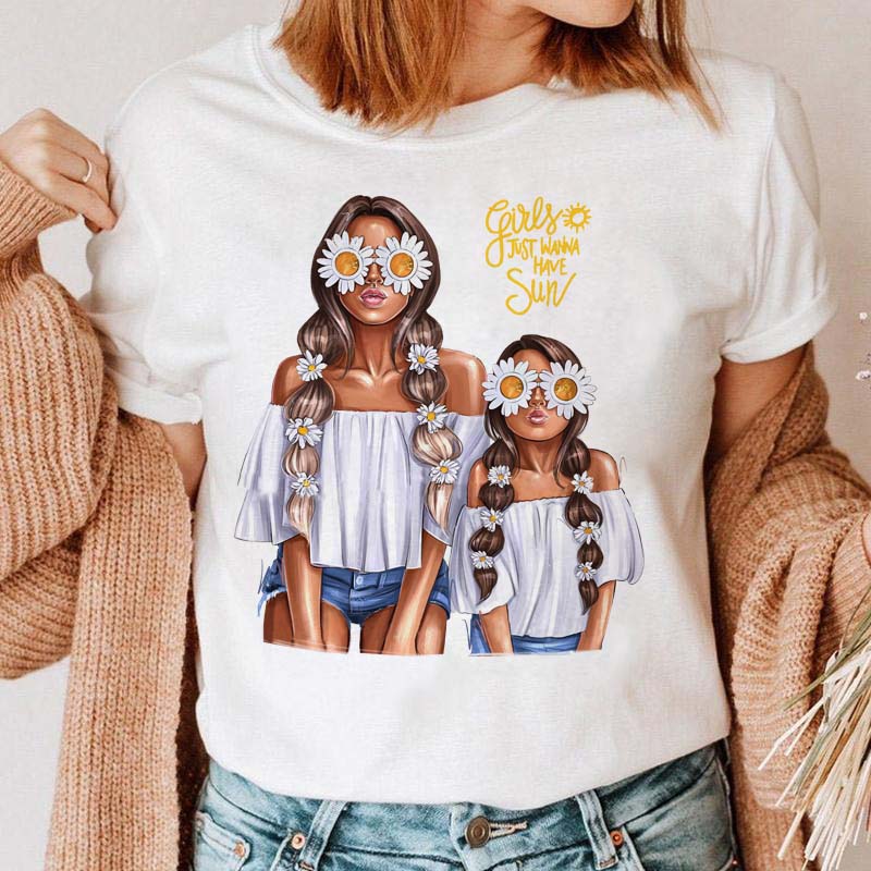 Women Clothing Cartoon Family Happy Time Mama Mom Mother Short Sleeve Clothes Print Tshirt Female Tee Top Graphic Black T-shirt