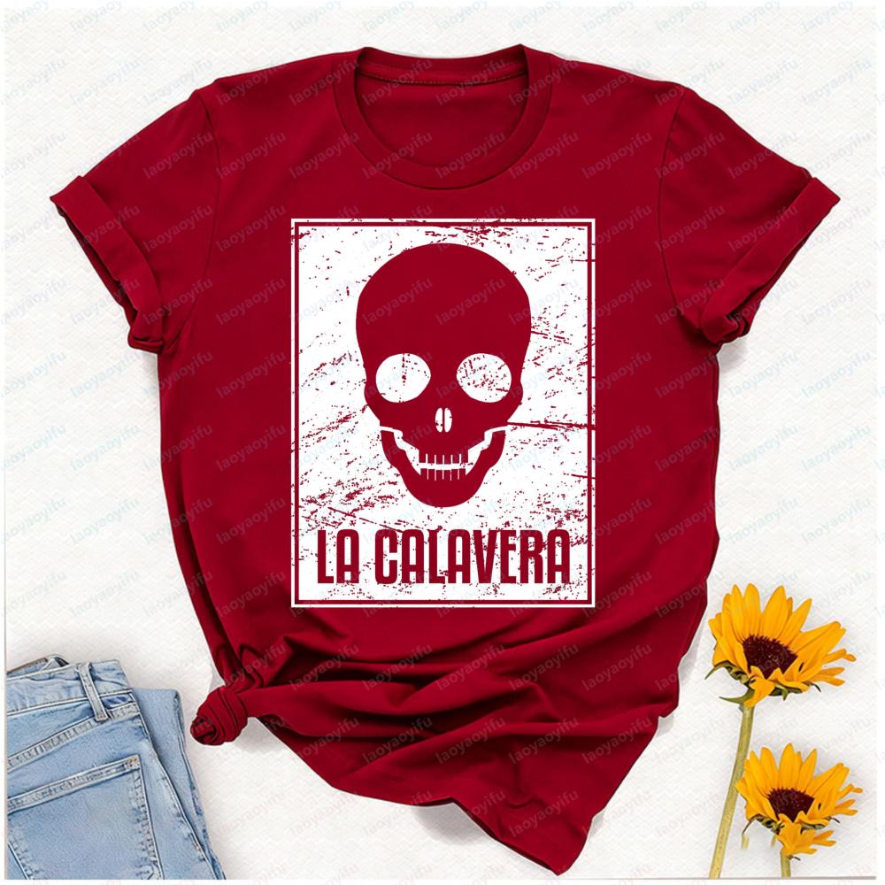 La Calavera Distressed Skull Art T-Shirt Mexican Folk Day of The Dead Graphic Tee Retro Casual Top Gift for Skull Culture Lovers