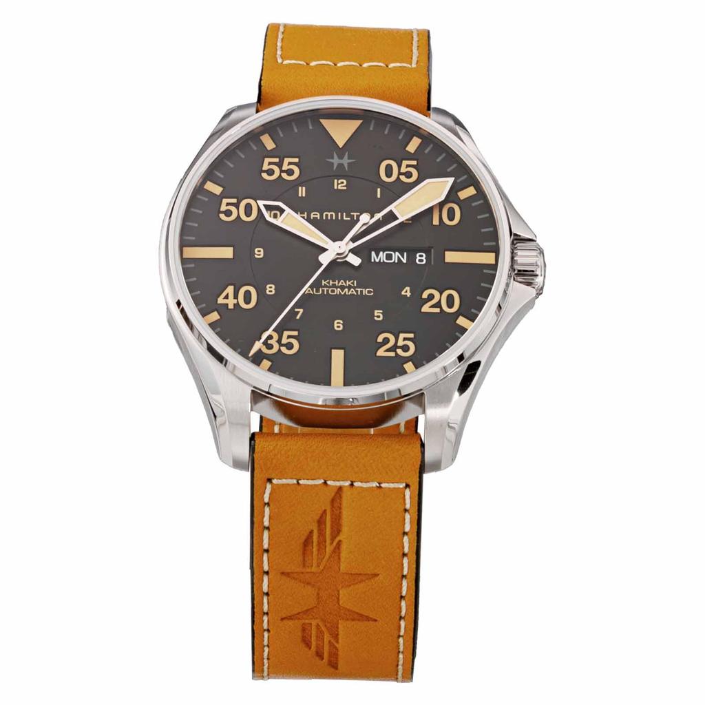 Watch Khaki Aviation Pilot Day Date Auto Khaki Aviation Black Dial Stainless Steel Sapphire Glass Automatic 46MM Swiss Brand Watch H64725531 Brown