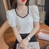 2024 Women's White Square Collar Puff Sleeve High-Waist Top