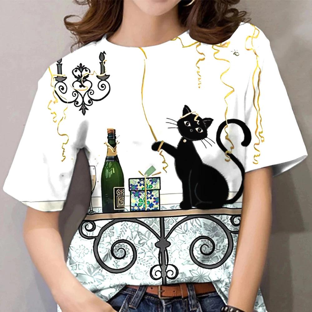 Милая футболка с 3D-принтом кошки в стиле Харадзюку, с круглым вырезом и короткими рукавами.