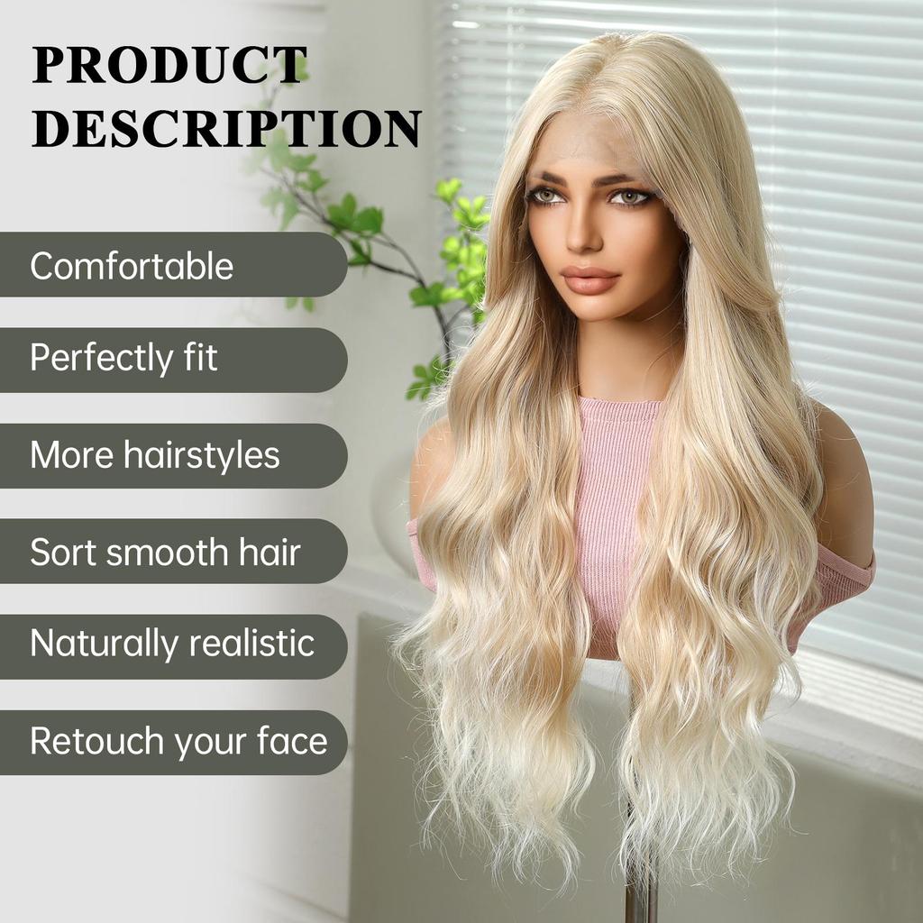 ALAN EATON HD 13x6 Lace Wigs Synthetic Long Wavy Hair BLonde Ombre Wigs Daily Use Party Wig for White Women Heat Resistant