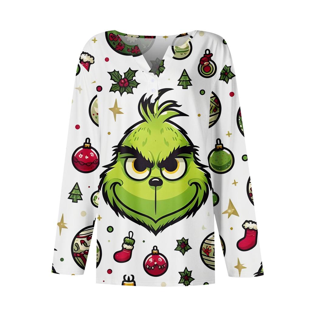 Женская футболка с рождественским принтом на пуговицах с длинным рукавом, повседневная, выходного дня, модная, базовая, с V-образным вырезом, обычная