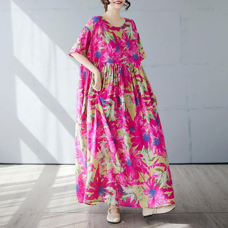Простое богемное длинное платье лето новое для полных с коротким рукавом круглый вырез принт с женской одеждой
