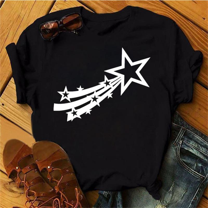 Maycaur Woman Star Moon Print Harajuku Летние футболки Повседневная футболка с круглым вырезом и коротким рукавом Женская черная футболка Прямая поставка