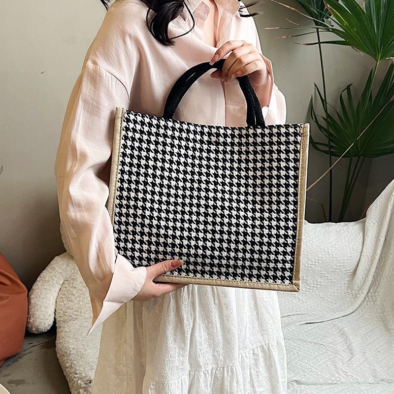 Льняная клетчатая сумка, большая вместительная клетчатая сумка для покупок, простая модная женская сумка через плечо