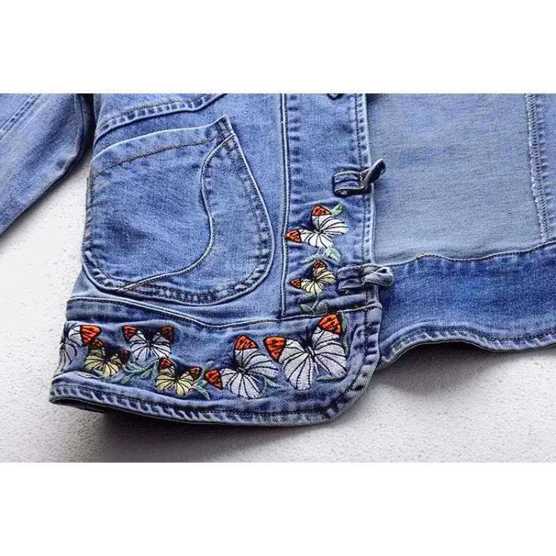 Вышитая джинсовая куртка с воротником-стойкой, женское короткое пальто, винтажная свободная куртка-стрейч в стиле шинуазри, теплая рубашка с длинными рукавами, осень