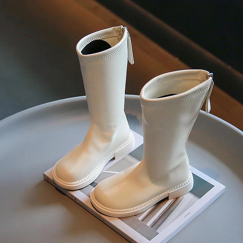 Children Leather Boots for Girls Simple Classic Fashion Kids Knee-high Boots Back Zipper Long Motorcycle Winter New Rubber Boots