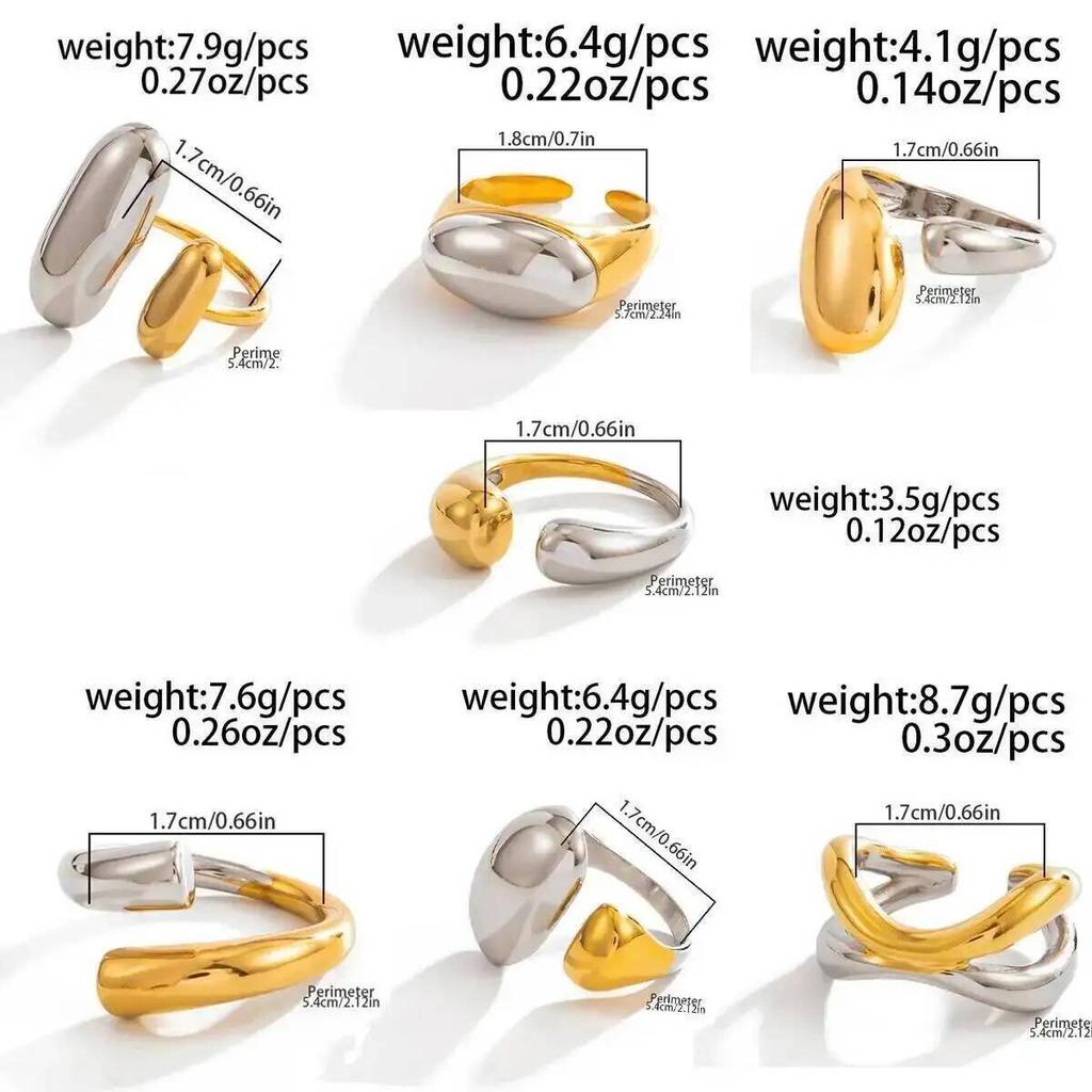 Salircon Mixed Color Stainless Steel Open Rings Women Men Trendy Geometry Waterdrop Adjustable Finger Ring Waterproof Jewelry