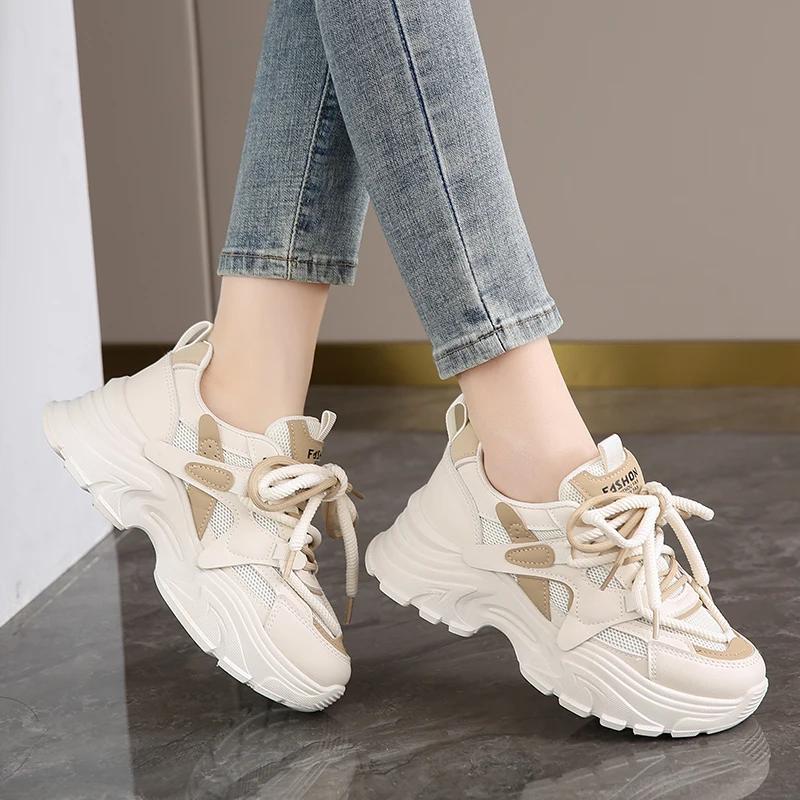 Модные кроссовки SYTK для женщин Модная платформа Клиновидная подошва Шнуровка Повседневные папины кроссовки Сетчатые дышащие Нескользящие для ходьбы Шоппинга Тенниса
