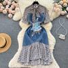 Summer Casual Women Bow Ruffled Denim Patchwork Dress Vintage Lady Floral Print Dress Fashion Asymmetric Mermaid Dress