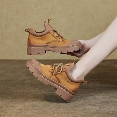 Модные новые женские ботинки из натуральной кожи 2024 года, осень/зима, толстая подошва, британские короткие ботинки для женщин, дышащие желтые ботинки