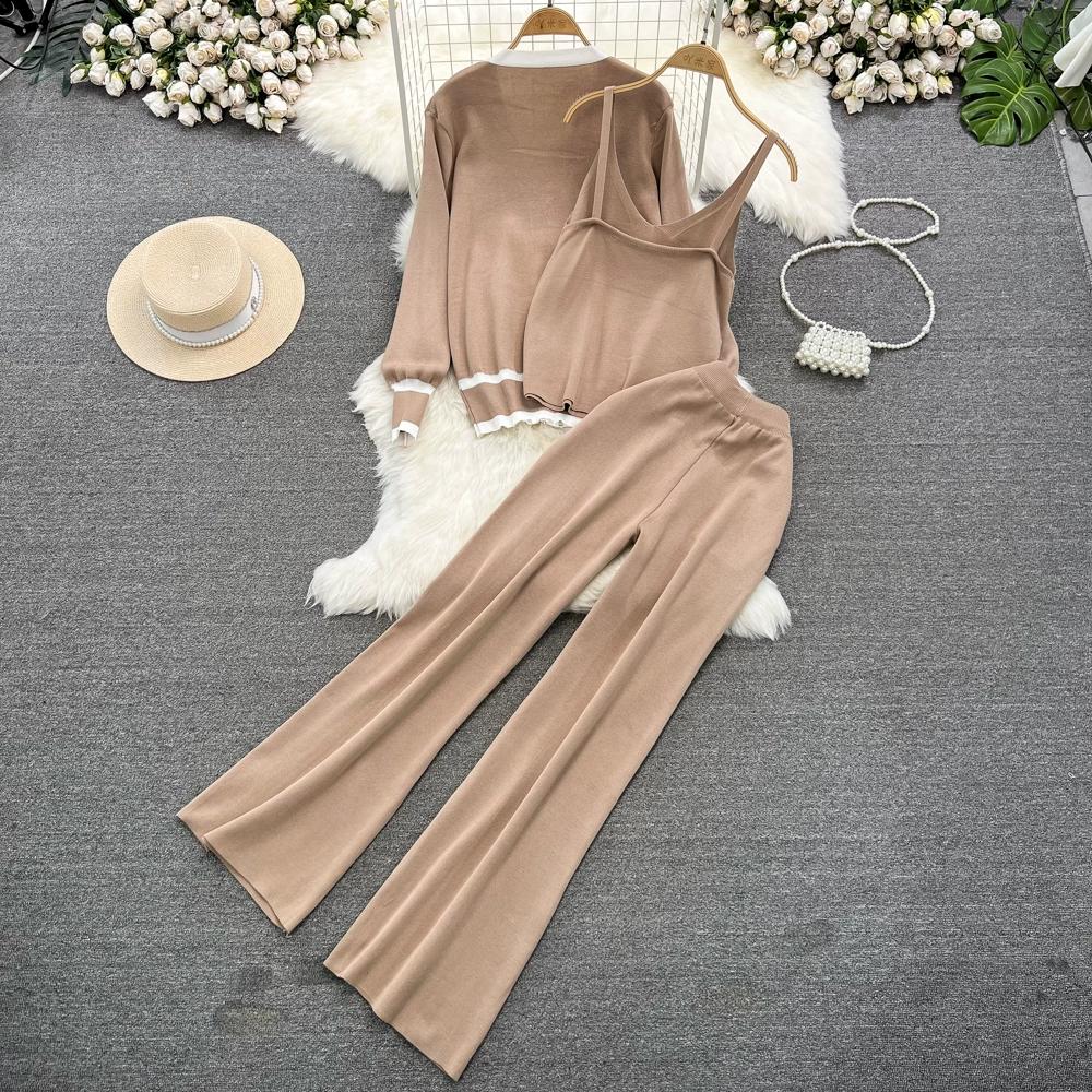 Осень-зима, винтажный однотонный вязаный свитер, брюки, комплект из 3 предметов, женский спортивный костюм, куртка на молнии с длинными рукавами, пальто, жилет, брюки, наряды