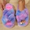 Winter Indoor House Cotton Slippers Women's Colourful Plush Fluffy Flip Flops Fashion Cross Flannel Warm Flats Slippers