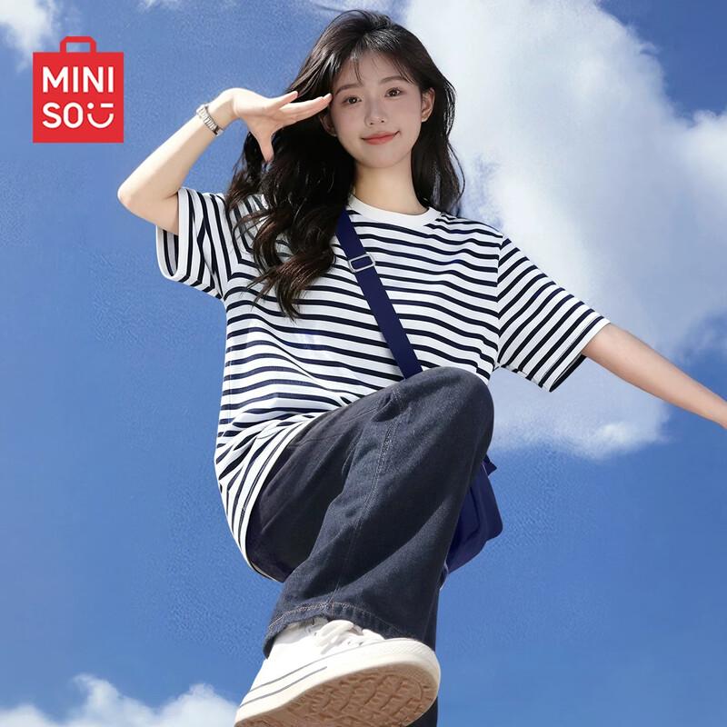 MINISO Женская хлопковая футболка в полоску с круглым вырезом