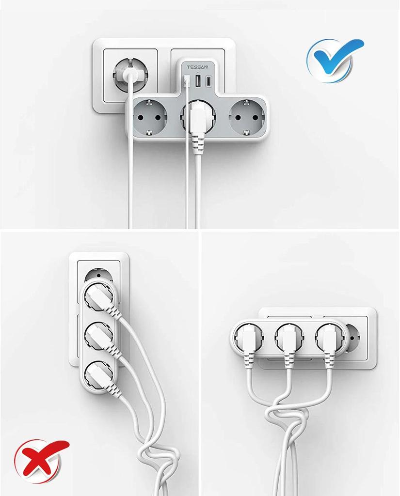 Tessan EU KR Plug Multi Outlets Power Strip with USB Ports Type C Wall Charger Electric Extension Socket Adapter for Home Office