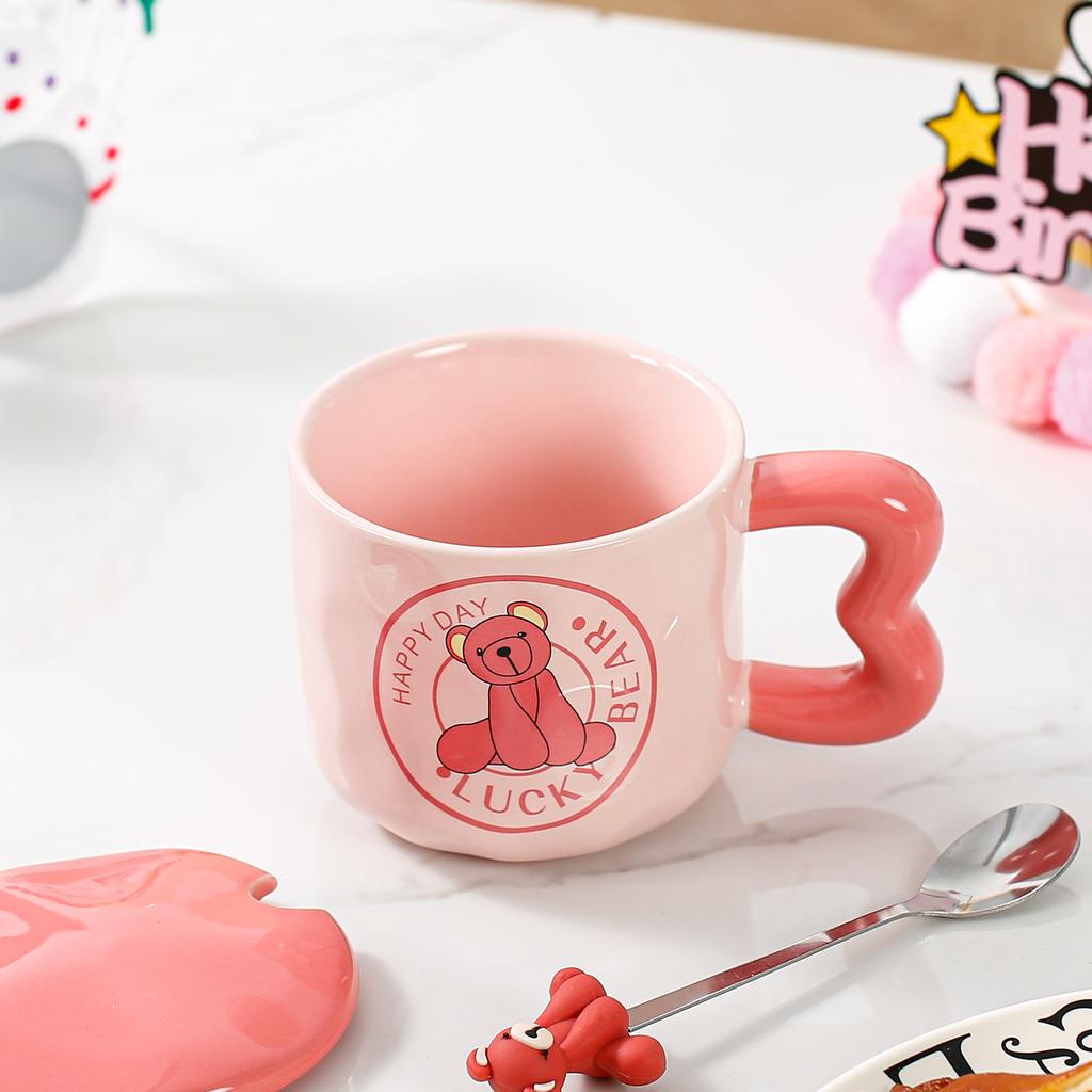 Cute Cartoon Ceramic Cup Powder Bear Mug with Lid Spoon High Looking Girl Drinking Water Cup for Home Use