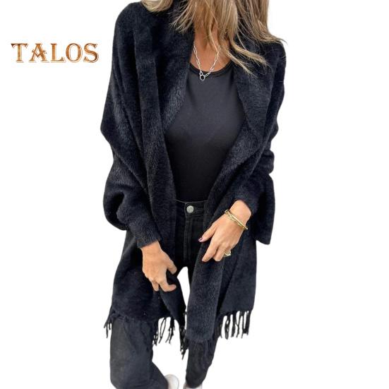 Winter Fall Women Jacket Thick Fleece Fringe Tassel Hem Long Bat Sleeves Open Stitch Cardigan Knitted Fuzzy Mid Length Coat Outdoor Daily Wear Shawl