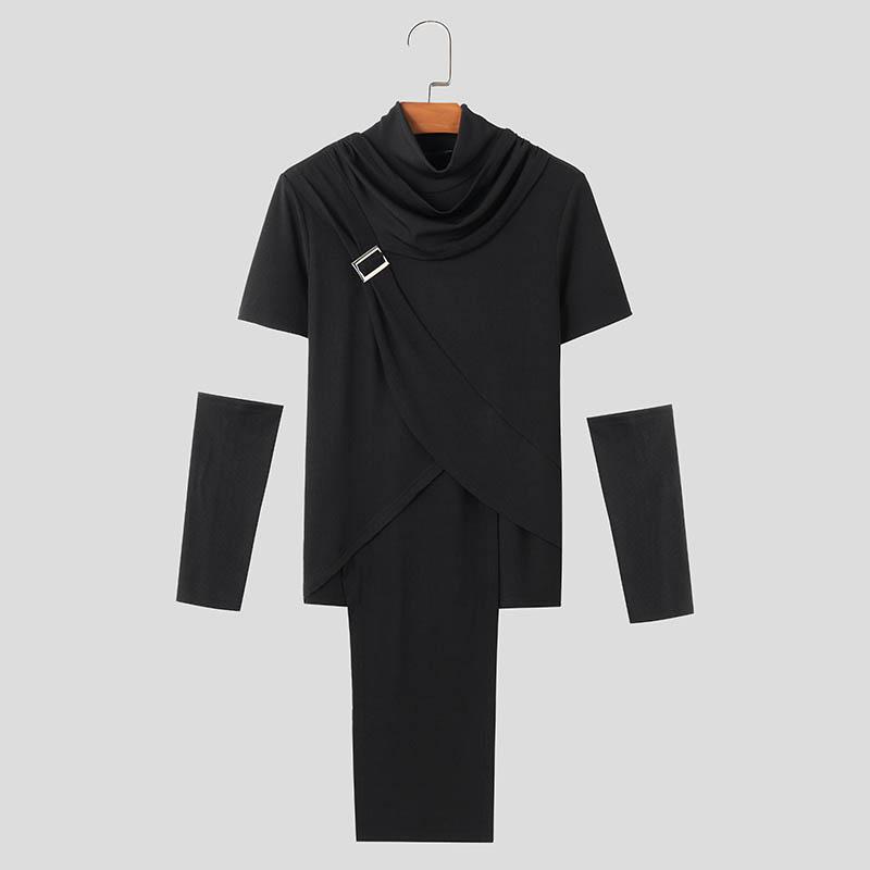 INCERUN Мужские топы с высоким воротником-хомутиком и рукавами в стиле пэчворк, повседневные облегающие футболки с нерегулярными слоями