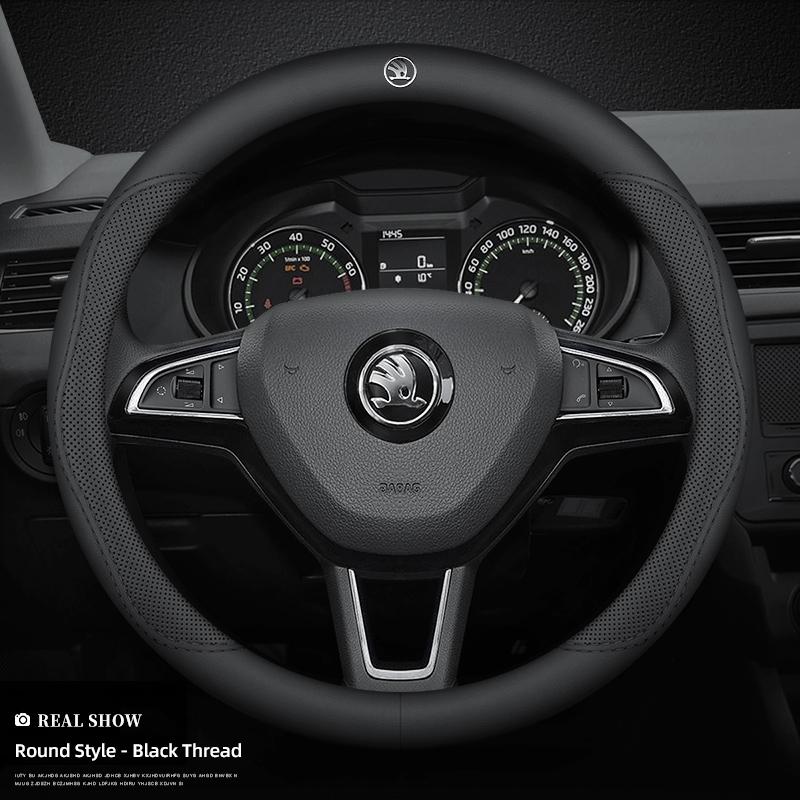 gaxjz5 Car Leather Steering Wheel Cover Anti-slip Accessories For Skoda Yeti Kamiq Kodiaq Karoq Octavia Fabia Rapid Vrs Superb A4 Scala