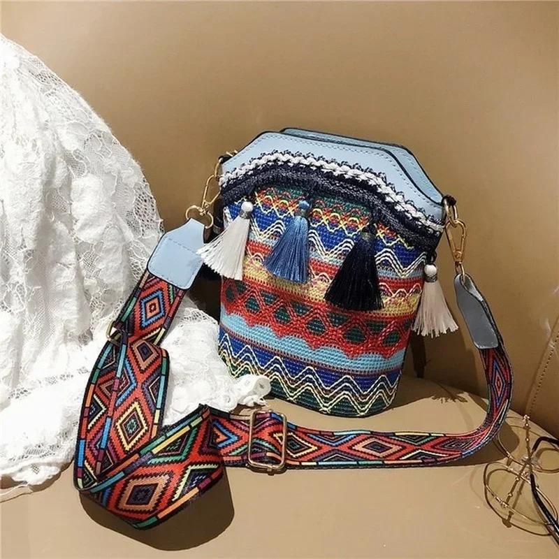 Модная женская плетеная сумка-мессенджер в богемном этническом стиле из соломы, ретро, повседневная сумка-ведро с кисточками