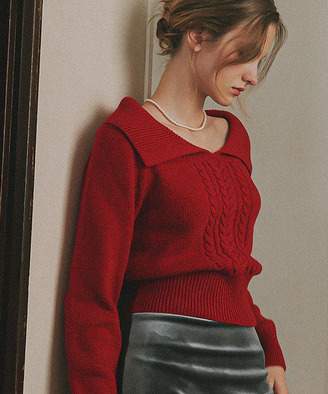 RONRON Big Collar Cable Crop Knit Red