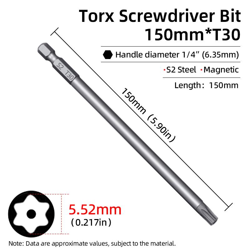 Магнитная отвертка Torx 150 мм T6-T40 1/4" шестигранный хвостовик полое отверстие сливовый цветок безопасные биты S2 сталь электрический ручной инструмент
