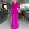 Women Evening Dress Dolman Sleeves Pleated V Neck Pure Color High Slim Waist Full Length Party Prom Maxi Dress
