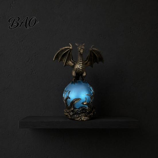 Resin Dragon Sculpture Statue with Ball, Dark Style Figurine, USB Powered Desktop Ball Lamp Ornaments, Fantasy Gift for Men & Lovers Mythical Creature