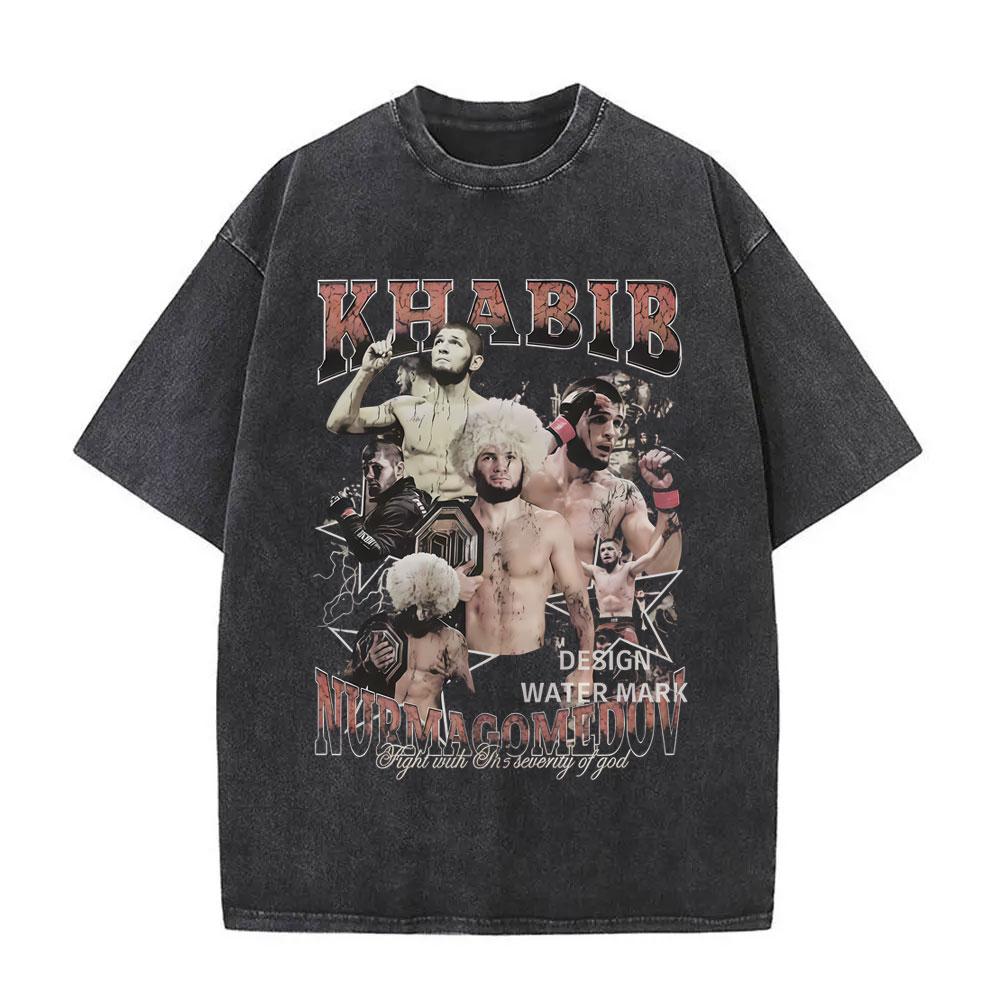 Russian Fighter Khabib The Eagle Vintage Washed Tshirt Men Boxing Fitness Gym Oversized Tshirt Male Casual Cotton T Shirts