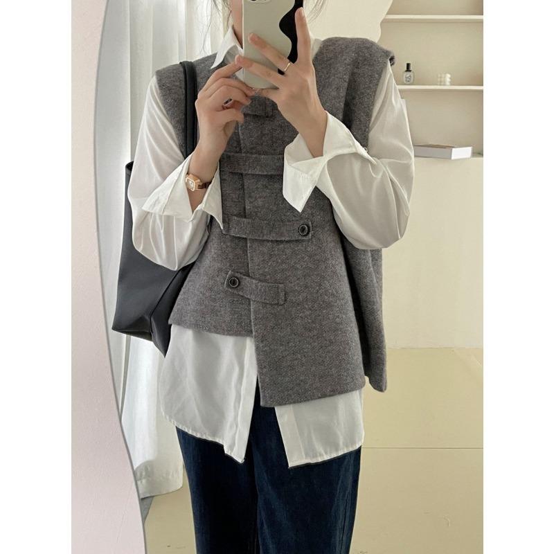 Весна и осень Наружная одежда внахлест Кардиган Камзол Темперамент Литературный стиль Нишевый дизайн Нерегулярный вязаный жилет Жилет для женщин