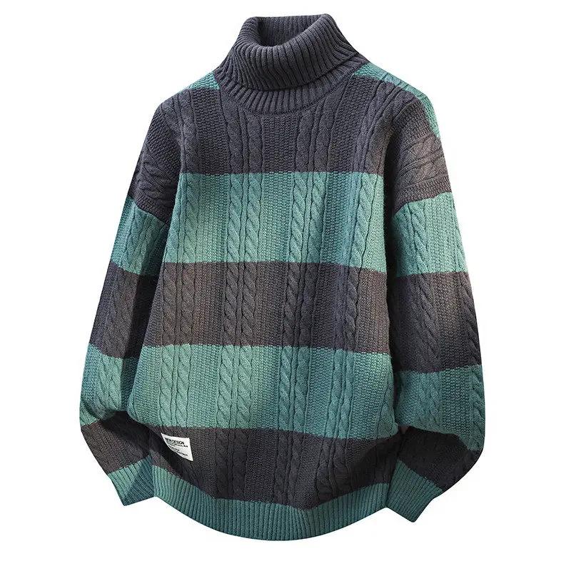 2026 Autumn Winter Men Striped Sweaters Men Turtleneck Casual Sweater Male Knitted Patchwork Jumper Man Streetwear Pullovers